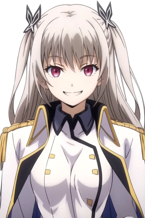 solo, 1girl, looking at viewer, 2D, anime, anime coloring, upper body, (solid white background:1.3), <lora:maihime-qualidea-01:0.8>, maihime tenkawa, uniform, looking at viewer, smile, grin