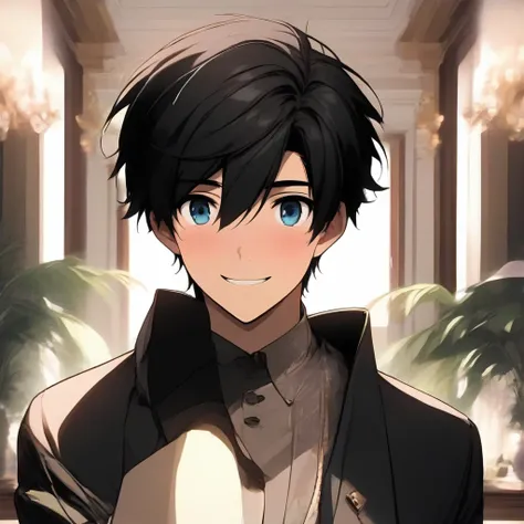 male focus, 1boy, solo, looking at viewer, blue eyes, black hair, blush, indoors, short hair, closed mouth, bangs, smile, plant, jacket, shirt, window, hair between eyes, black shirt, upper body, portrait, formal,anime