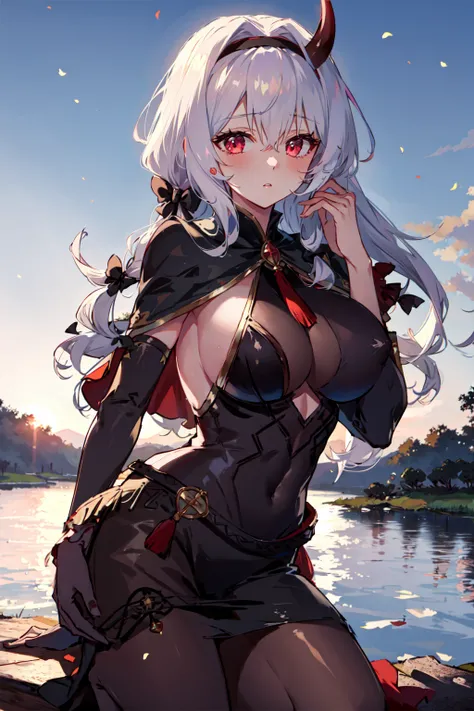 best quality, masterpiece, 1girl, <lora:Priscilla_-_Guardian_Tales:0.8>, prisc, hair bow, hairband, dress, elbow sleeve, capelet, demon horn, pantyhose, sunset lake background, outdoors, hands to head, pulling back hair