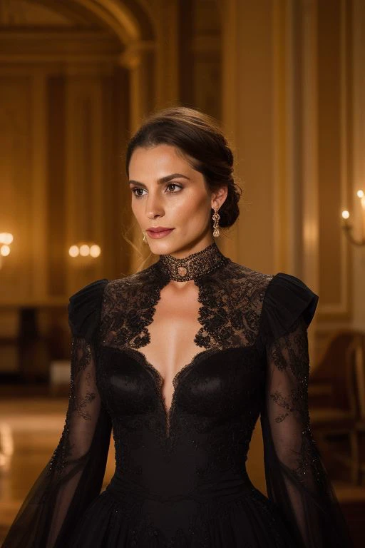 The woman in the ballroom wears an elegant, captivating dress that complements the castles opulence. This sophisticated ensemble is intricately designed, enhancing her figure and draping gracefully for timeless glamour. The dresss color palette harmonizes ...