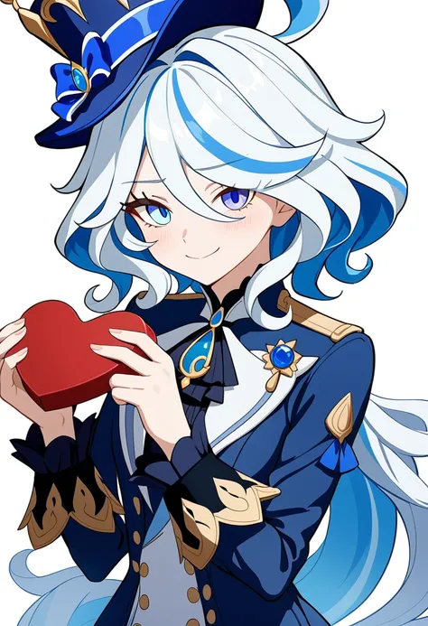 1girl, furina (genshin impact), genshin impact, 
white hair, wavy hair, streaked hair, blue eyes, dress, smug, hat, holding, heart-shaped box, 
white background, simple background, anime coloring, 
masterpiece, best quality,