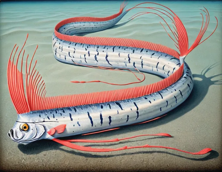 beautiful vintage style painting of artsy oarfish with realistic head