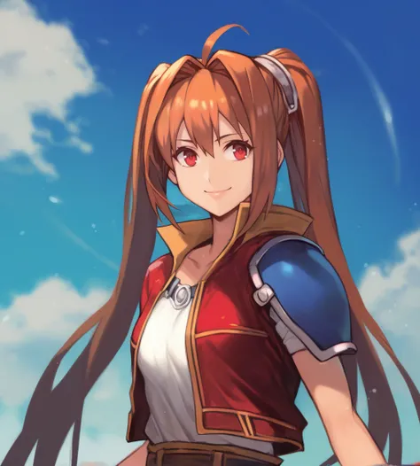 score_9, score_8_up, score_7_up, score_6_up, score_5_up, score_4_up, source_anime, rating_safe
BREAK,
<lora:TrailsInTheSky-000023:0.9>, Estelle Bright, orange hair, twintails, ahoge, red eyes, small breasts, estellefirst, red jacket, blue shoulder pad, whi...