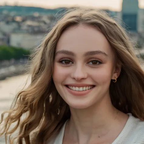 (Skin Texture, pores, natural,iPhone,RAW)), natural lighting, Face closeup Photo of a woman with long wavy hair wearing no makeup, Nikon Z9, realistic matte skin, blurry city in the background, 8K,   <lora:lirosedepp_xl_1_standard_merger_31_78_05_05:1>, sm...