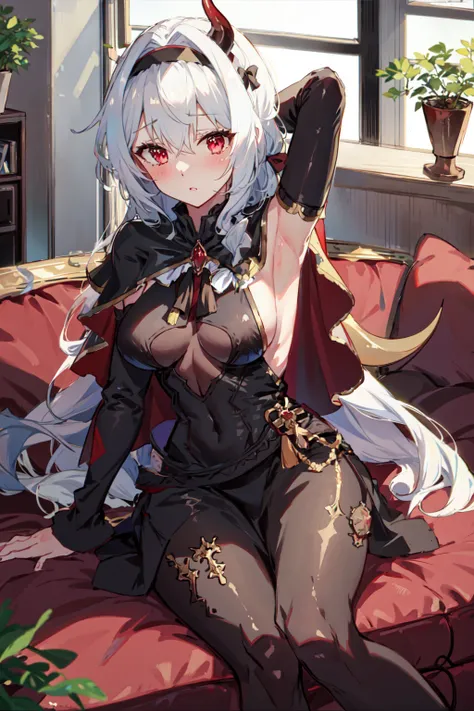 best quality, masterpiece, 1girl, <lora:Priscilla_-_Guardian_Tales:0.9>, prisc, hair bow, hairband, dress, elbow sleeve, capelet, demon horn, pantyhose, living room background, sitting in a brown couch, embarrassed, armpit