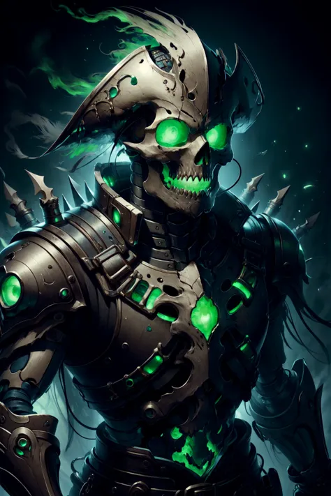 masterpiece, best quality, expressive eyes, absurdres, 1man, armoured, looking at viewer, <lora:GhostPirateWorld:1> ghostpirateworld, green glow, green glowing aura, bones,