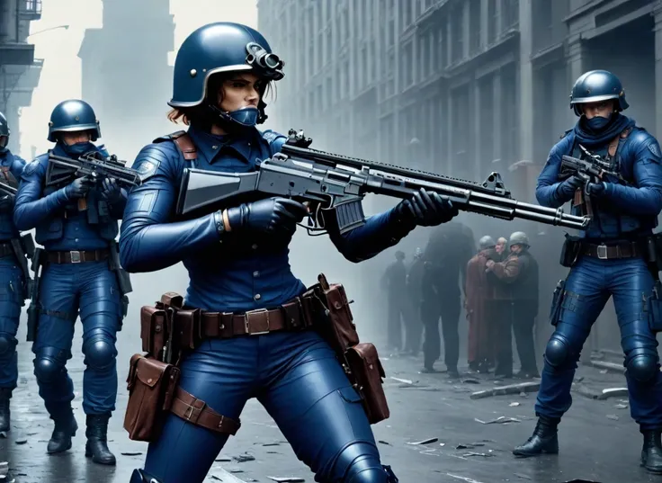 dieselpunk, dystopia, police, realistic, armor, helmet, shirt, uniform, pants, dirty clothes, asymmetrical clothes, crowd, holding gun, trigger discipline, aiming, action, muscular, assault rifle, urban decay