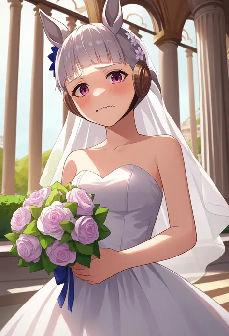 score_9, score_8_up, score_7_up, source_anime, rating_safe, solo, 1girl, umpdgoldship, blush, wavy mouth, looking at viewer, holding bouquet, horse ears, wedding dress, strapless, bare shoulders, arch, pillar, flower <lora:umamusume_goldship_ponyXL:1>