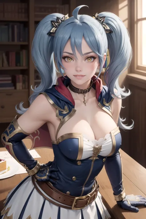 (masterpiece, best quality:1.4), 1girl, solo, looking at viewer, long hair, <lora:soniakr-bshi-v1:1.0>, soniakr, upper body, lips, parted lips, (seductive smile:1.1), blush, blue hair, yellow eyes, hair ornament, glossy, [large breasts], wide hips, narrow ...