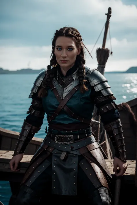 <lora:mondongo_LoRA_JosefinAsplund:1> mndngwmn, eyeliner, wearing a viking leather armor, leather pauldrons, on a longboat, braids, pale skin, fullbody shot, (ultra realistic, 8k,high quality)