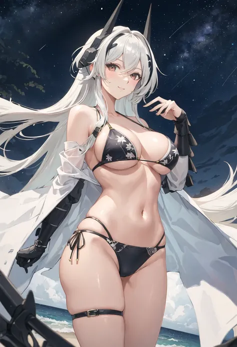 best quality, masterpiece, highres, solo, {kursk_azurlane:0.90}, {night:1.10}, {starry sky:1.10}, beach, beautiful detailed sky, {extremely detailed background:1.20}, {standing:1.10}, looking at viewer, {bikini:1.30}, light smile