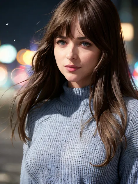 dkjt,long hair with bangs,close-up,masterpiece,blue tint,turletneck sweater,city street,bokeh,dof,highly detailed,soft lighting,volumetric lighting,film grain,cinematic