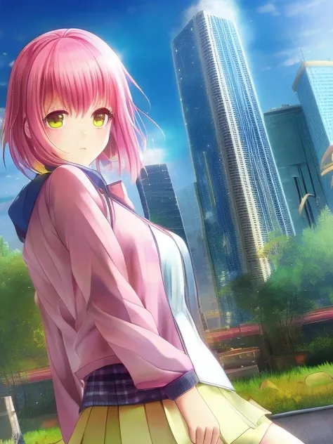 anime & Novel game style, 1girl, pink hair, semi-short hair, younger sister, solo, night Skyscraper background