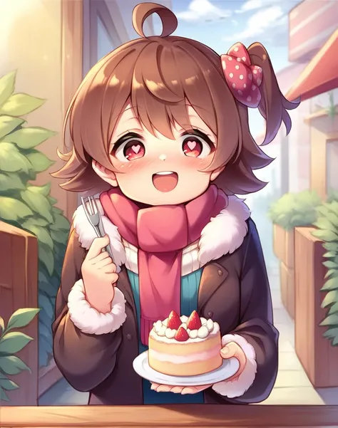 score_9, score_8_up, score_7_up,score_6_up,score_5_up,score_4_up, a girl in a cafe holding a slice of cacke, brown hair, red eyes, one side up, scarf, ahoge, 1girl, blush, strawberry cake slice, heart-shaped pupils, fur hair ornament, smile, open mouth, 
<...