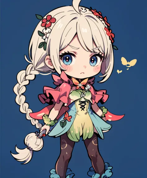 best quality, simple background, chibi, 1girl, solo, looking at viewer, <lora:NinaFEHResplendent-bsinky-v1:0.8> resNina, dress, hair ornament, twin braids, capelet, pantyhose, ahoge, hair flower, butterfly wings, boots, <lora:Cutedoodle_SD15-000008:0.65> c...