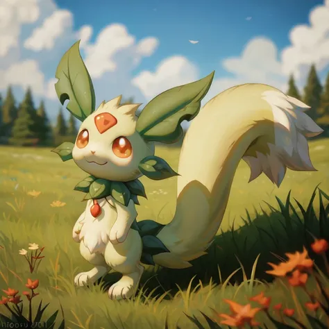 <lora:Lifmunk_Palworld_v2.0_:1> (pallifmunk:1.2), feral, solo, smile, fluffy tail, dipstick tail, standing, necklace, detailed background, meadow, by hioshiru,