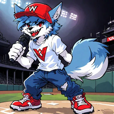 1boy, cartoon, wolf ears, red hat, baseball cap, backwards hat, white shirt,  red cancel logo on shirt, blue fur, wolf boy, wolf tail, ripped cloths, baggy pants, big shoes, claws, mic, holding mic, black eyes, fangs, chibi, v-shaped eyebrows, singing