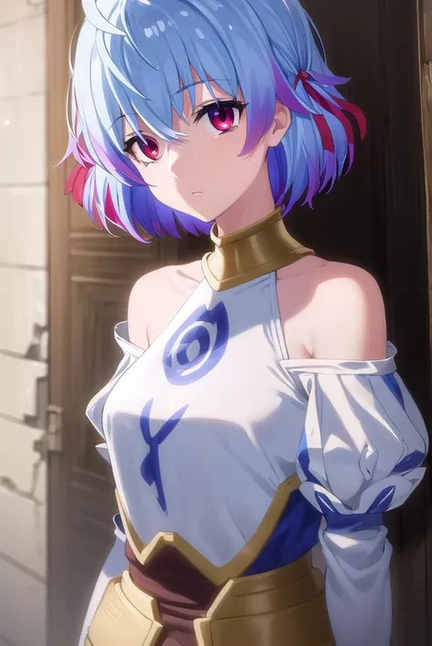 rutiragnason, <lora:ruti ragnason s1-lora-nochekaiser:1>,
ruti ragnason, short hair, (red eyes:1.3), ribbon, blue hair, hair ribbon, ahoge,
BREAK dress, bare shoulders, detached sleeves, armor, breastplate,
BREAK outdoors,
BREAK looking at viewer, (cowboy ...