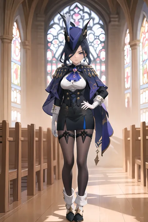 1girl, clorinde (genshin impact), tricorne, black pantyhose, earrings, blue cape, white gloves, pencil skirt, white shirt, thigh strap, underbust, ascot, fold-over boots, black jacket, depth of field, full body, standing, glaring, hand on hip, looking at v...