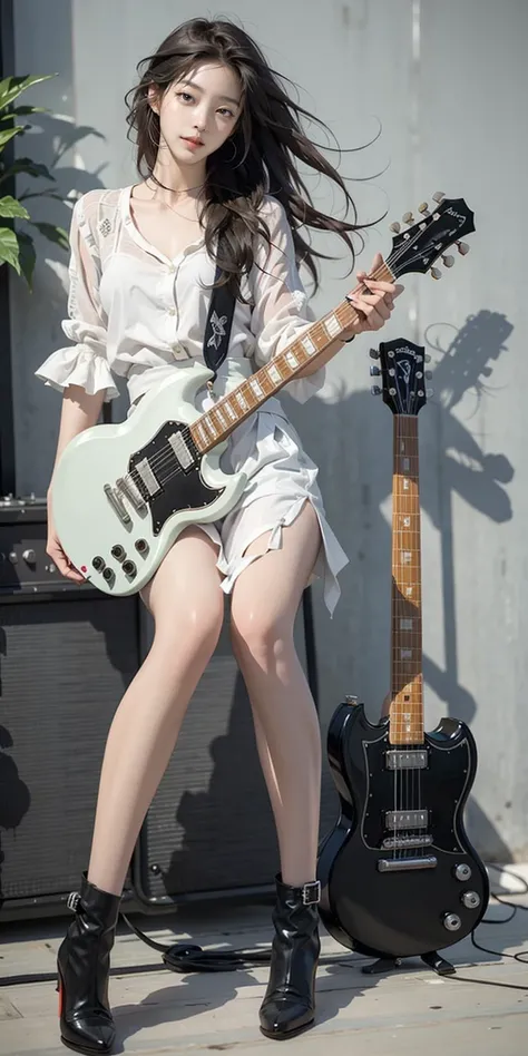 1girl, playing electric guitar, white electric guitar, 
pantyhose, high-heels, long straigh hair, black hair, stand, 
outdoor, 
masterpiece, best quality, 8k