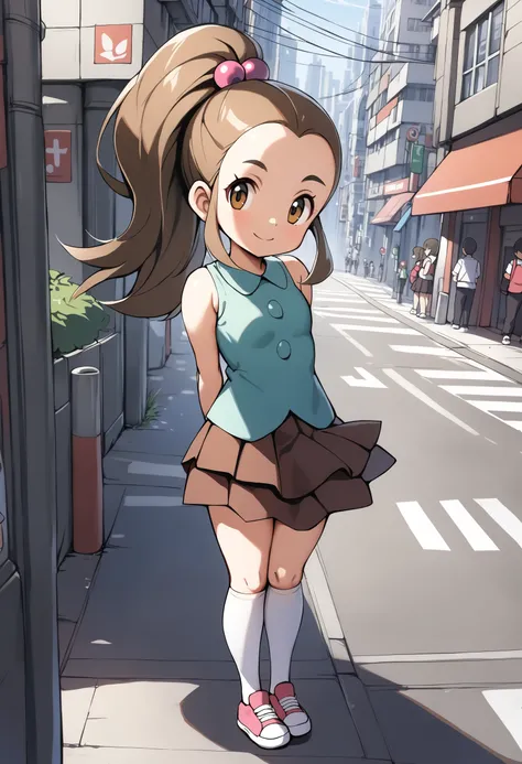 1girl,<lora:schoolkid orasXL:0.8>,schoolkid oras,hair bobbles,sleeveless shirt,brown skirt,kneehighs,sneaker,full body,standing,smile,arms behind back,city,outside,looking at viewer,ultra-detailed,best quality,masterpiece