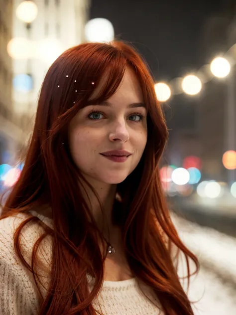 dkjt,long red hair,close-up,masterpiece,snow,city street,bokeh,dof,highly detailed,soft lighting,volumetric lighting,film grain,cinematic