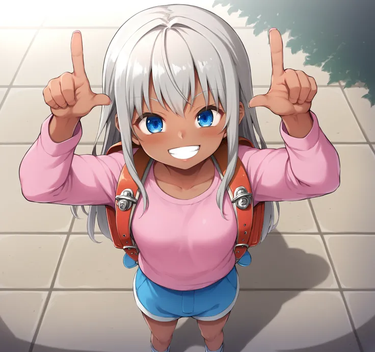 score_9,source_anime,1girl,solo,dark skin,grin,from above,light blush,standing,looking at viewer,close up,pointing at self,arms up,long hair,blue eyes,grey hair, pink shirt,backpack,street,<lora:MusouzukiXL:0.8>,