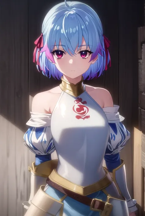 rutiragnason, <lora:ruti ragnason s1-lora-nochekaiser:1>,
ruti ragnason, short hair, (red eyes:1.3), ribbon, blue hair, hair ribbon, ahoge,
BREAK dress, bare shoulders, detached sleeves, armor, breastplate,
BREAK outdoors,
BREAK looking at viewer, (cowboy ...