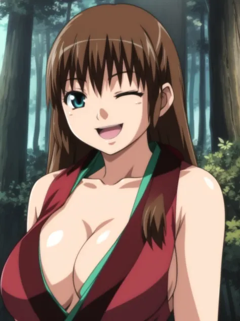 <lora:kaede:0.8>,kaede, 1girl, solo,  one eye closed,  breasts, smile, open mouth, long hair, sideboob, medium breasts, cleavage, upper body, simple background, ;d, looking at viewer,
forest, masterpiece, high quality, very_high_resolution, large_filesize,...