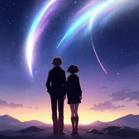 <lora:SparkleYourName:0.5>, love, sparkle, couple, anime, universe ,from the back, sky and meteors