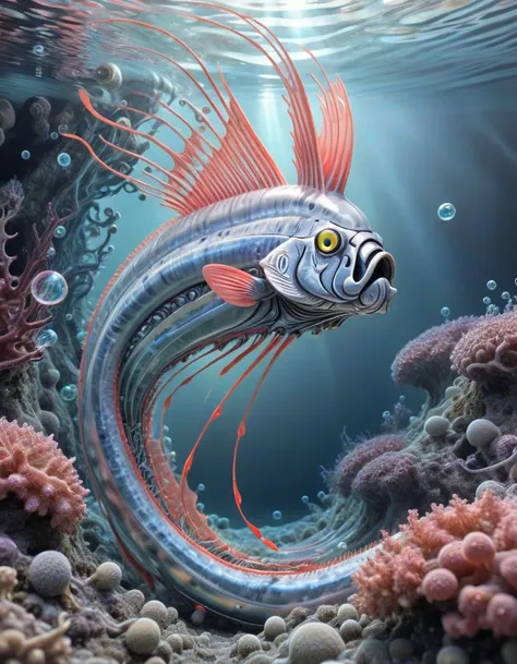 artsy oarfish swimming between the bubbles coming up from the bottom extraterrestrial macro worlds, fractal bio-mechanical plants, cyborg creatures, Ray Tracing, intricate detail, underwater