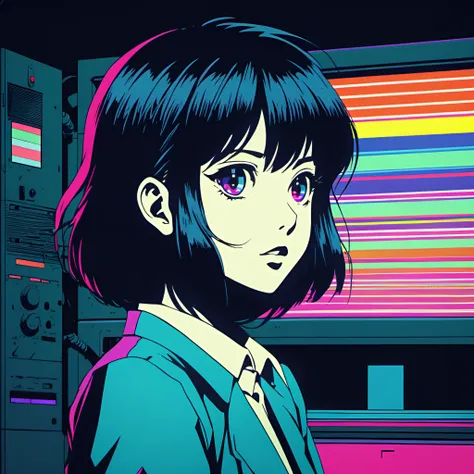 Glitch art. 1980s anime, vintage, analogue horror. ((static and noise)), chromatic aberration