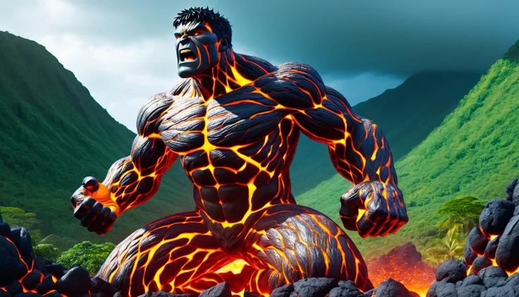 LavaRay, Hulk made entirely of lava, furious, angry, screaming, standing, roaring at the sky