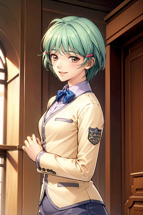 corda shoko-1, hair accessories, school uniform, short hair, green hair, 1girl, blush, smile, brown eyes