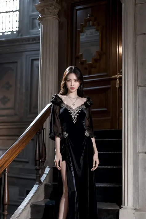 upper body,(realistic), (hyperrealism),best quality, masterpiece,ultra high res, (photorealistic:1),1girl,(looking at viewer), <lora:add_detail:0.5>,luxury gothic mansion,
long formal dress, stairs, earrings, banges, necklace,,<lora:makina69_naeun_v1.0:1>