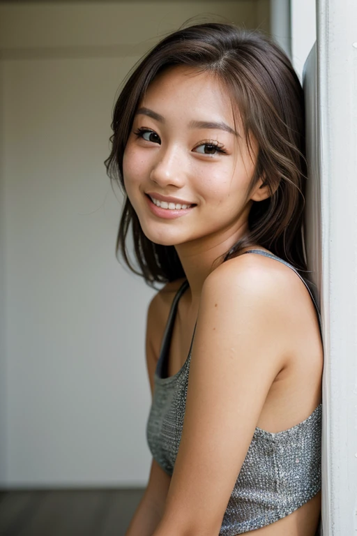 RAW photo of woman, (headshot:1.1) portrait on a black plain background, (smile, happy:1.1), sharp focus, best quality, extremely detailed). BREAK suz1-001, black hair, brown eyes. fcHeatPortrait