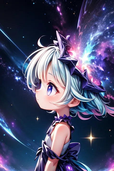 (blue and purple theme, nebula, galaxy:1.3), 1girl, cute, kawaii, petite, vibrant universe,colors beyond reality,pulsating backdrop,sparkling magic,adventure,joy,curiosity,kaleidoscope patterns,multicolored hair,shimmering strands,wide eyes,surrealism,whim...