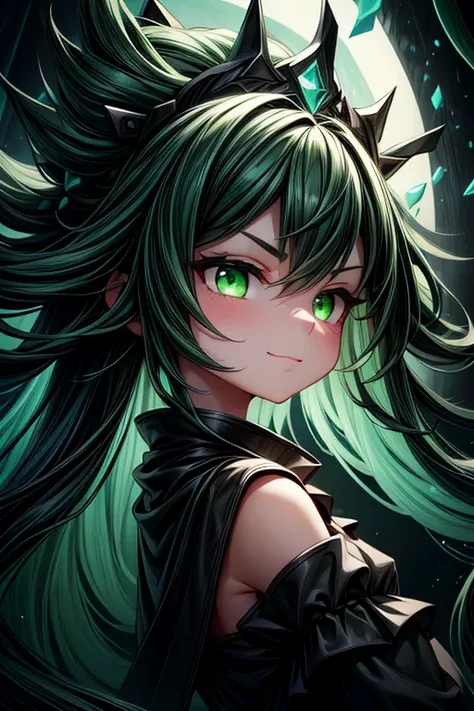 (green and black theme:1.3), best quality,Epic,highly detail,Illustration,Cover,enigmatic figure,draped in translucent fabric,crystals adorning hair,dreamlike swirl,pastel hues,soft light,evoking calm serenity and elusive beauty,Non-representational,colors...