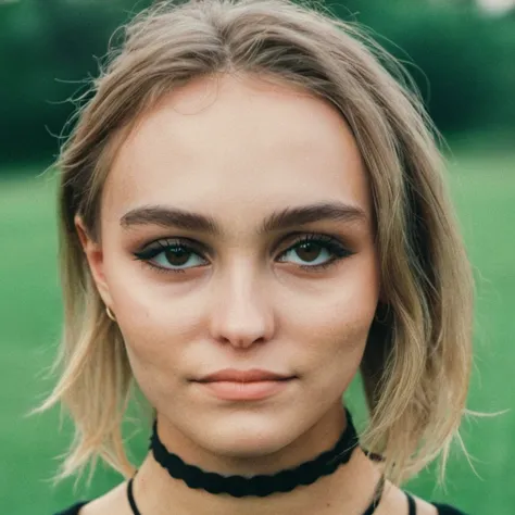 Film grain, skin texture, Instagram selfie of a pretty woman wearing a choker,natural,f/1.8, slight smile,   <lora:lirosedepp_xl_1_standard_merger_31_78_05_05:1>