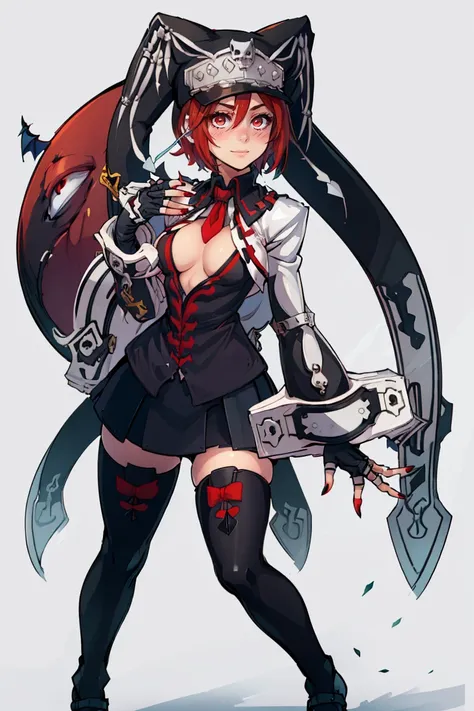 ((masterpiece,best quality)), absurdres, <lora:Valentine_Guilty_Gear:0.8>,  side view, red hair, red eyes, smile,   valentine (guilty gear), between breasts, black dress, black skirt, black thighhighs, blush, center opening, cleavage cutout, closed mouth, ...