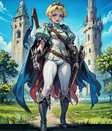 masterpiece, anime screencap, 1 girl, solo, blonde hair, blue eyes, very short hair, male haircut, tiara, blue shirt, puffy sleeves, white pants, boots, blue cape, gauntlets, outdoors, castle, full body, cowboy shot, angry, white flintlock rifle <lora:Eruc...