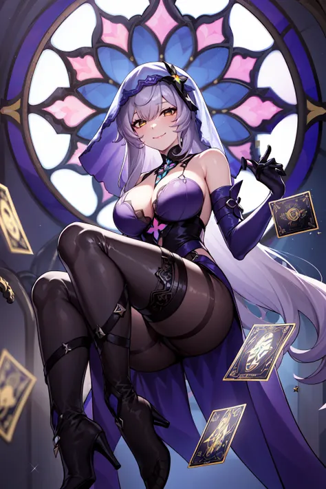 best quality, masterpiece, <lora:BlackSwanv1:0.7>BlackSwan, yellow gradient eyes, veil, elbow gloves, purple dress, pantyhose, thigh boots, high heels, looking at viewer, holding card, tarot card, floating, reclining, stained glass, smile, constellation, f...