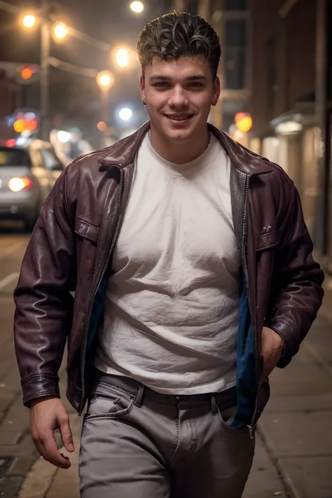 HarryClark, photo of a man wearing leather jacket and jeans and white t-shirt walking down the street, smile, soft focus, photo by mark henderson, cinematic, natural lighting, muted colors, night, bokeh, face portrait, (extreme close up:1), urban, dynamic ...