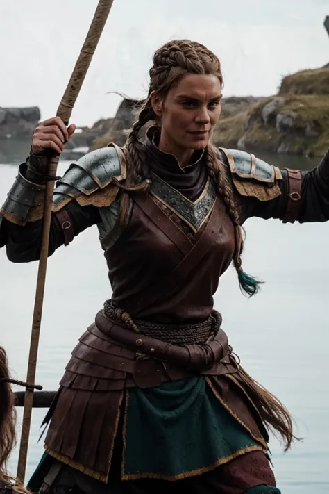 <lora:mondongo_LoRA_RaggaRagnars:1> mndngwmn, wearing a viking leather armor, leather pauldrons, on a longboat, braids, (ultra realistic, 8k,high quality), above the waist photo