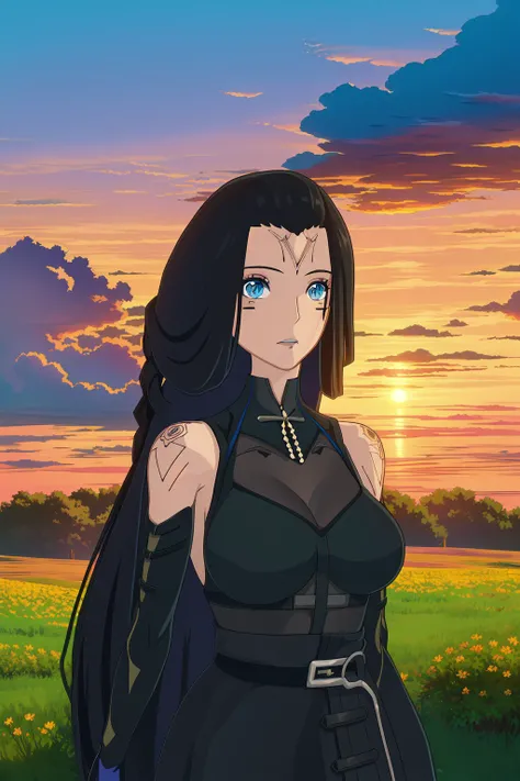 <lora:studioGhibliStyle_offset:1.0> <lora:nan_yin:0.8> masterpiece, best quality, absurdres, high quality, best quality, ultra high res, (film grain:1.2), 1girl, solo, nan yin (tower of fantasy), black hair, blue eyes, v-shaped eyes, (absurdly long hair:1....