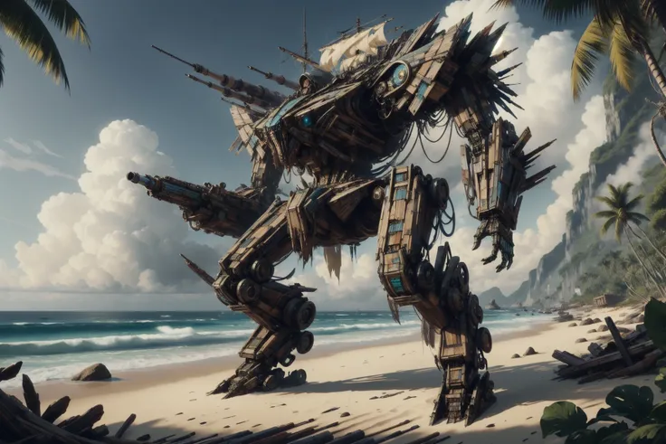 masterpiece, best quality, expressive eyes, absurdres, <lora:SalvagePirateWorld:1> salvagepirateworld, battle mecha, on a tropical beach,