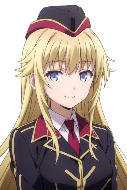 solo, 1girl, looking at viewer, 2D, anime, anime coloring, upper body, (solid white background:1.3), <lora:canaria-qualidea-01:0.8>, canaria utara, uniform, hat, looking at viewer, smile