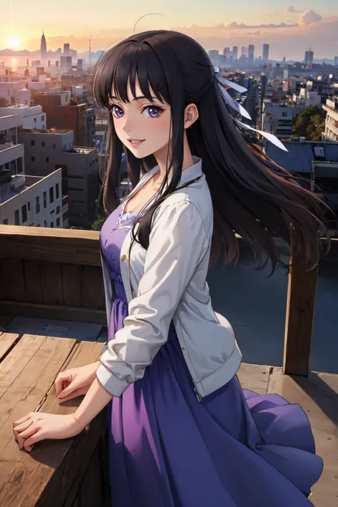 masterpiece, best quality, <lora:migiwakazuha-nvwls-v1-000009:0.9> migiwa kazuha, hair ribbon, purple dress, white jacket, from above, looking at viewer, cityscape, from side, sunset, smile, profile