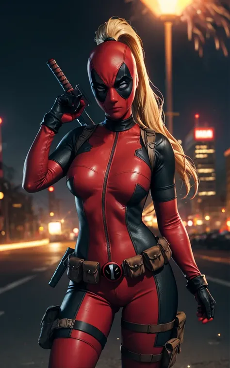 masterpiece, best quality, highres, contrapposto,
BodySuit_lady_deadpool_ownwaifu,
1girl, mask, blonde hair, ponytail, long hair, large breasts, 
bodysuit, skin tight, superhero, belt pouch, utility belt, red bodysuit, gloves, weapon on back, thigh pouch, ...