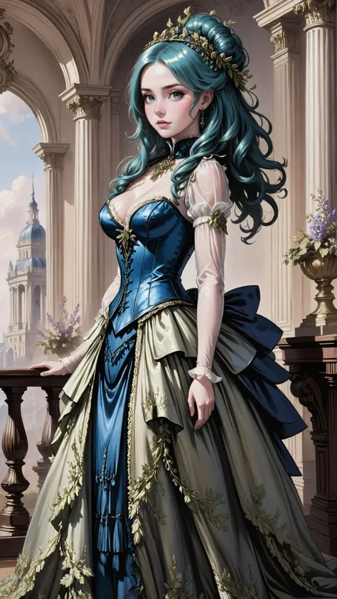 1girl, woman, indigo skin, Wisteria creature, see-through gossamer, bombshell hair, glimmering color:lime and aqua hair, U-cut, soft body, wide hips, narrow waist, large breasts, japanese, victorian ballroom mini-dress, thighhighs, blush, naughty smile, mo...